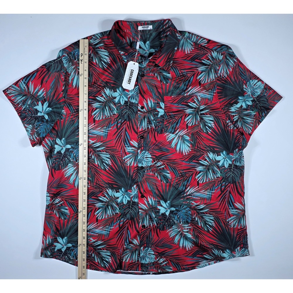 COOFANDY Men's 3XL Tropical Palm Leaf Print Button Down Red Teal Short Sleeve - Picture 3 of 8